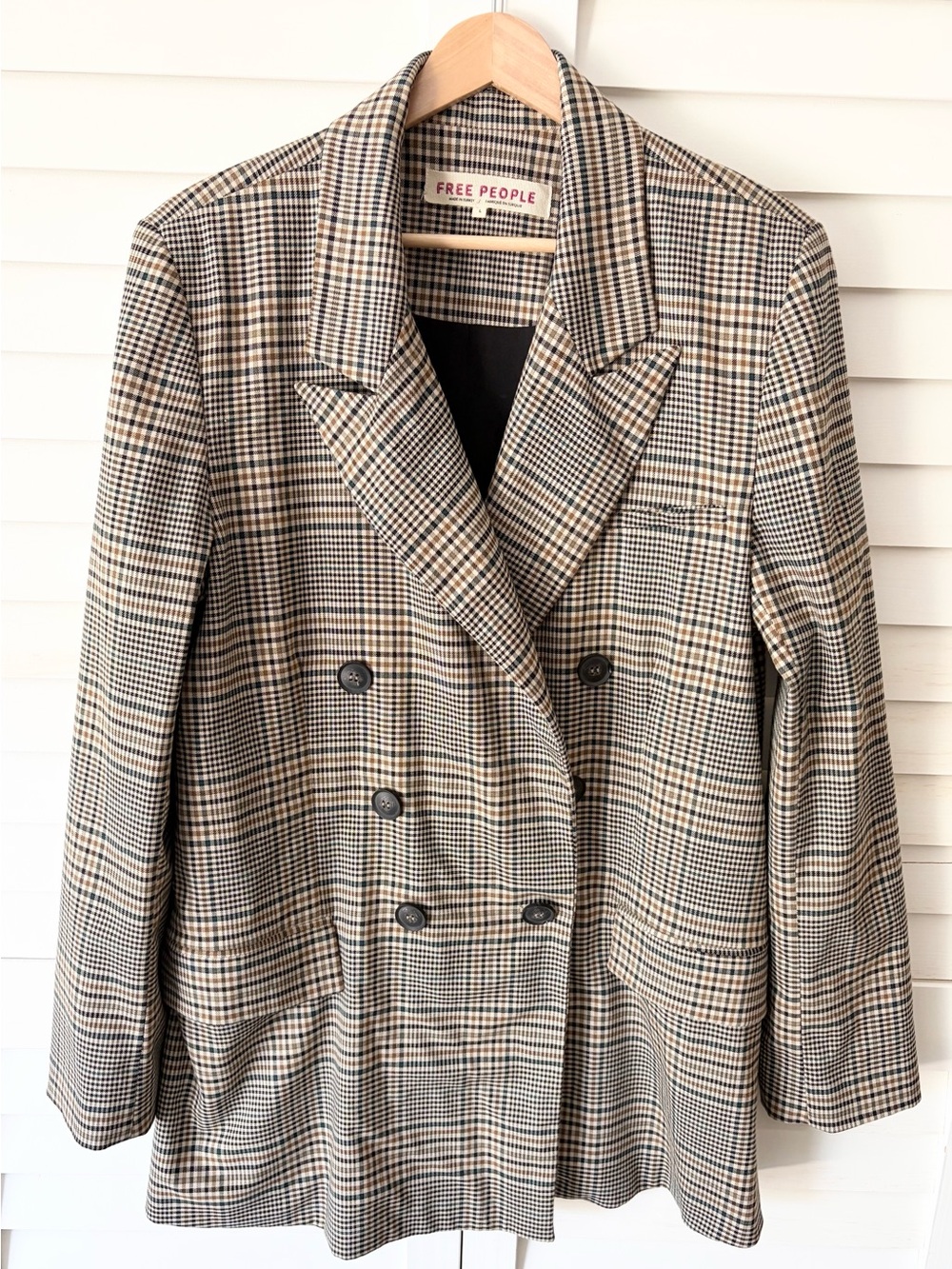 Free People Plaid Double-Breasted Blazer in Tan and Black Size Large
